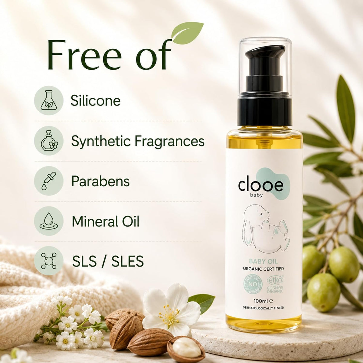 Clooe Organic Baby Oil – free of silicone, parabens, mineral oil
